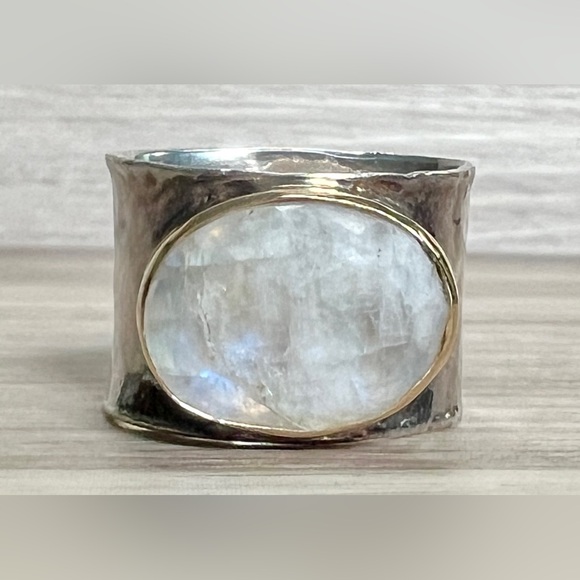 Designer Sundance Sterling Silver & Gold Hammered Wide Band Moonstone Ring - Picture 2 of 11